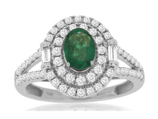 1.26CT DIAMOND & AAA EMERALD 14KT WHITE GOLD 3D OVAL DOUBLE HALO ENGAGEMENT RING