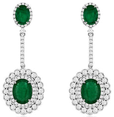 LARGE 9.60CT DIAMOND & AAA EMERALD 14K WHITE GOLD OVAL & ROUND HANGING EARRINGS