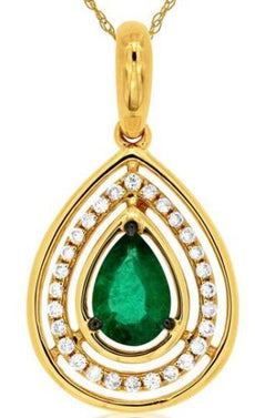 .42CT DIAMOND & AAA EMERALD 14KT YELLOW GOLD 3D PEAR SHAPE HALO FLOATING PENDANT