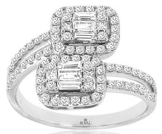 0.86CT DIAMOND 14KT WHITE GOLD 3D ROUND & BAGUETTE DOUBLE SQUARE CRISS CROSS RING