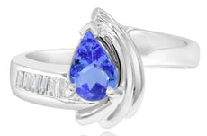 .95CT DIAMOND & AAA TANZANITE 14KT WHITE GOLD 3D PEAR SHAPE & BAGUETTE LOVE RING