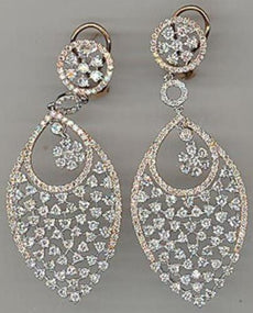 LARGE 8.35CT DIAMOND 18KT 2 TONE GOLD 3D CLUSTER OPEN FILIGREE HANGING EARRINGS