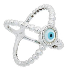 ESTATE .10CT DIAMOND 14K WHITE GOLD EVIL EYE CRISS CROSS INFINITY LUCKY FUN RING