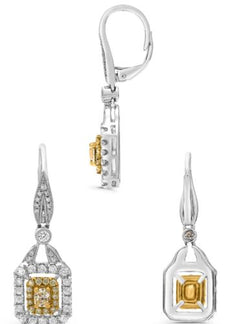1.13CT WHITE & FANCY YELLOW DIAMOND 18KT 2 TONE GOLD 3D CUSHION & ROUND EARRINGS