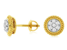 .20CT DIAMOND 14KT YELLOW GOLD FLOWER BEZEL ROPE DESIGN SCREWBACK STUD EARRINGS