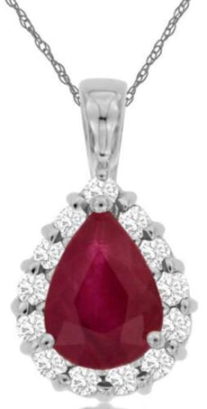 1.42CT DIAMOND & AAA RUBY 14KT WHITE GOLD 3D PEAR SHAPE & ROUND FLOATING PENDANT