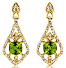 1.46CT DIAMOND & AAA PERIDOT 14KT YELLOW GOLD CUSHION & ROUND HANGING EARRINGS