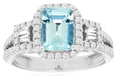 1.98CT DIAMOND & AAA AQUAMARINE 14KT WHITE GOLD BAGUETTE & ROUND ENGAGEMENT RING
