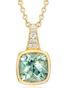 1.4CT DIAMOND & AAA GREEN QUARTZ 14KT YELLOW GOLD CUSHION & ROUND BEZEL PENDANT