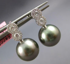 .33CT DIAMOND & AAA TAHITIAN PEARL 14K WHITE GOLD DOUBLE FLOWER HANGING EARRINGS