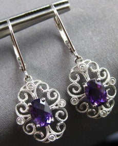 1.68CT DIAMOND & AAA AMETHYST 14K WHITE GOLD OVAL OPEN FILIGREE HANGING EARRINGS