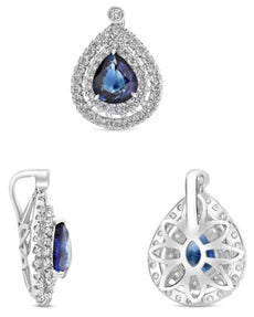 .91CT DIAMOND & AAA SAPPHIRE 18KT WHITE GOLD PEAR SHAPE & ROUND FILIGREE PENDANT