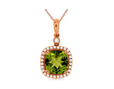 2.28CT DIAMOND & AAA PERIDOT 14KT ROSE GOLD CUSHION & ROUND SQUARE HALO PENDANT