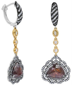 7.22CT WHITE ROSE & ICE DIAMOND 18KT WHITE YELLOW & BLACK GOLD HANGING EARRINGS