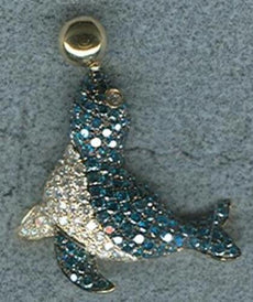 2.11CT WHITE & BLUE DIAMOND 14KT YELLOW GOLD HAPPY SEA LION FUN FLOATING PENDANT