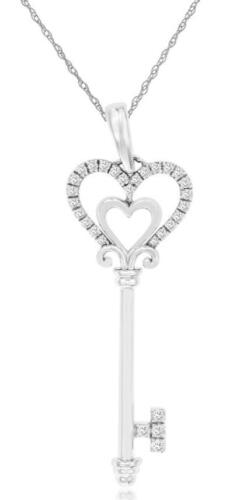 .13CT DIAMOND 14KT WHITE GOLD ROUND DOUBLE HEART KEY TO YOUR HEART LOVE PENDANT
