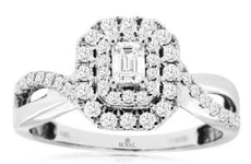 .65CT DIAMOND 14KT WHITE GOLD 3D ROUND & BAGUETTE DOUBLE HALO ENGAGEMENT RING