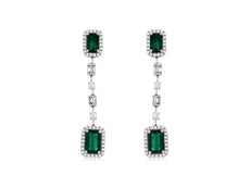 2.27CT DIAMOND & AAA EMERALD 14K WHITE GOLD ROUND & EMERALD CUT HANGING EARRINGS