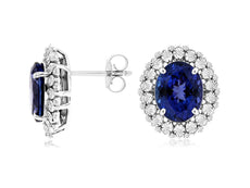 6.45CT DIAMOND & AAA TANZANITE 14K WHITE GOLD OVAL FILIGREE FLOWER STUD EARRINGS