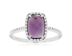 1.44CT DIAMOND & AAA AMETHYST 14KT WHITE GOLD 3D CUSHION & ROUND HALO FUN RING