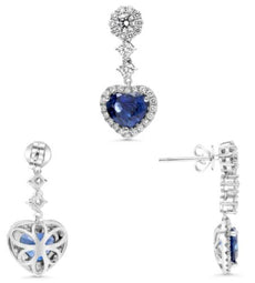 4.26CT DIAMOND & AAA SAPPHIRE 18KT WHITE GOLD HEART SHAPE & ROUND HALO EARRINGS