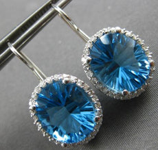 LARGE 9.90CT DIAMOND & AAA BLUE TOPAZ 14KT WHITE GOLD OVAL HALO HANGING EARRINGS