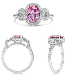 2.57CT DIAMOND & AAA PINK SAPPHIRE PLATINUM OVAL & ROUND 3 STONE ENGAGEMENT RING
