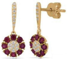.68CT DIAMOND & AAA RUBY 14KT YELLOW GOLD 3D CLASSIC FLOWER FUN HANGING EARRINGS