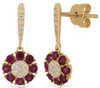 .68CT DIAMOND & AAA RUBY 14KT YELLOW GOLD 3D CLASSIC FLOWER FUN HANGING EARRINGS