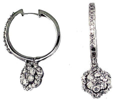 ESTATE .75CT DIAMOND 14KT WHITE GOLD CLASSIC FLOWER HALO HUGGIE HANGING EARRINGS