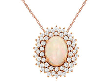 1.23CT DIAMOND & AAA OPAL 14KT ROSE GOLD OVAL & ROUND TRIPLE HALO FLOWER PENDANT