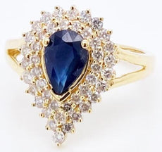 1.80CT DIAMOND & AAA SAPPHIRE 14KT YELLOW GOLD 3D DOUBLE HALO CLASSIC FUN RING