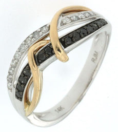 .25CT WHITE & BLACK DIAMOND 14KT 2 TONE GOLD 2 ROW CRISS CROSS MULTI WAVE RING