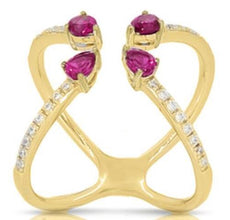 .90CT DIAMOND & AAA RUBY 14KT YELLOW GOLD 3D PEAR SHAPE & ROUND FLOWER FUN RING