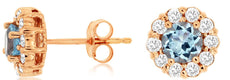 1.0CT DIAMOND & AAA AQUAMARINE 14KT ROSE GOLD 3D CLASSIC FLOWER STUD EARRINGS