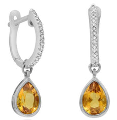 1.61CT DIAMOND & AAA CITRINE 14K YELLOW GOLD PEAR SHAPE & ROUND HANGING EARRINGS