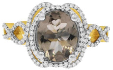 2.40CT DIAMOND & AAA SMOKY TOPAZ 14KT 2 TONE GOLD OVAL & ROUND FLOWER LOVE RING
