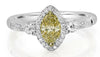 .88CT WHITE & FANCY YELLOW DIAMOND 18KT 2 TONE GOLD 3 STONE HALO ENGAGEMENT RING