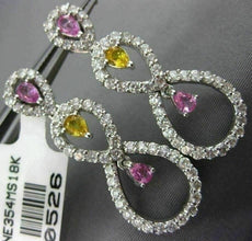 ESTATE LARGE 4.11CT DIAMOND & AAA PINK & YELLOW SAPPHIRE 18K WHITE GOLD EARRINGS