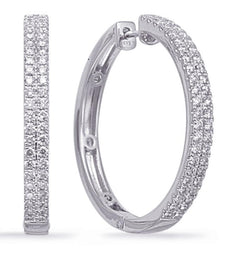 1.18CT DIAMOND 14KT WHITE GOLD 3D ROUND CLASSIC 2 ROW PAVE HOOP HANGING EARRINGS