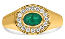 WIDE 1.07CT DIAMOND & AAA EMERALD 14KT YELLOW GOLD OVAL & ROUND BEZEL MEN'S RING