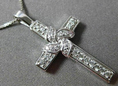 ANTIQUE .30CT ROUND DIAMOND 14KT WHITE GOLD FLOWER CROSS PENDANT & CHAIN #16276