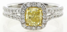 1.86CT WHITE & FANCY YELLOW DIAMOND 18K 2 TONE GOLD CLASSIC HALO ENGAGEMENT RING