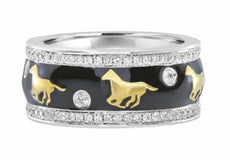 WIDE .68CT DIAMOND & BLACK ENAMEL 18KT 2 TONE GOLD MULTI HORSE ETERNITY FUN RING