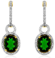 2.88CT DIAMOND & AAA GREEN GARNET 14KT YELLOW GOLD 3D OVAL HALO HANGING EARRINGS