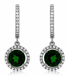 ESTATE 2.26CT DIAMOND & AAA RUSSALITE 14K WHITE GOLD ROUND HALO HANGING EARRINGS