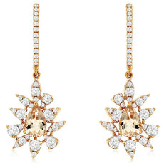 1.45CT DIAMOND & AAA MORGANITE 14K ROSE GOLD PEAR SHAPE & ROUND HANGING EARRINGS