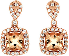 2.12CT DIAMOND & AAA MORGANITE 14KT ROSE GOLD 3D CUSHION & ROUND SQUARE EARRINGS