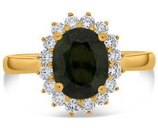 WIDE 2.69CT DIAMOND & AAA GREEN SAPPHIRE 18KT YELLOW GOLD FLOWER ENGAGEMENT RING
