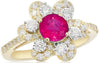 ESTATE WIDE 1.34CT DIAMOND & AAA RUBY 14KT YELLOW GOLD 3D FLOWER LOVE RING